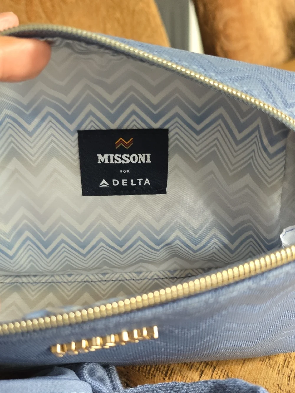 Missoni Blue Chevron Pouch with Gold Accents, Filled With Travel Essentials.